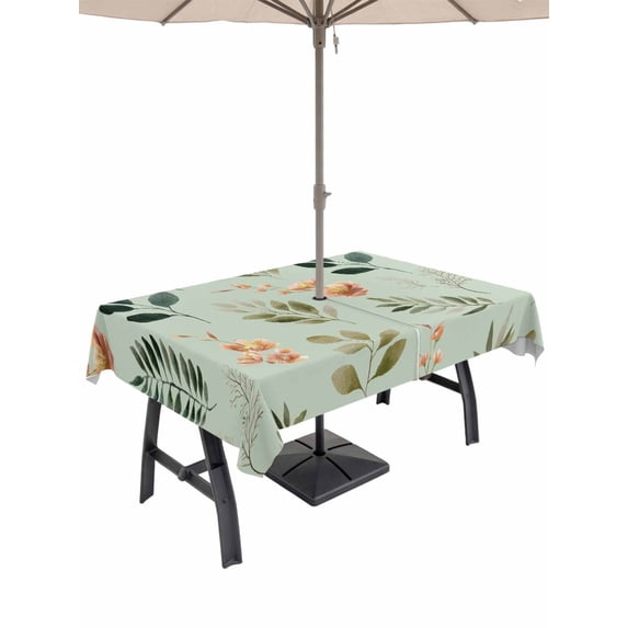 Spring Leaves Outdoor Tablecloth - 52x70 Inch Rectangle Dining Table Cover, Pink Flowers Pastoral Botanical Green Waterproof Outdoor Table Cloth with Umbrella Hole & Zipper for Picnic/Patio/Party