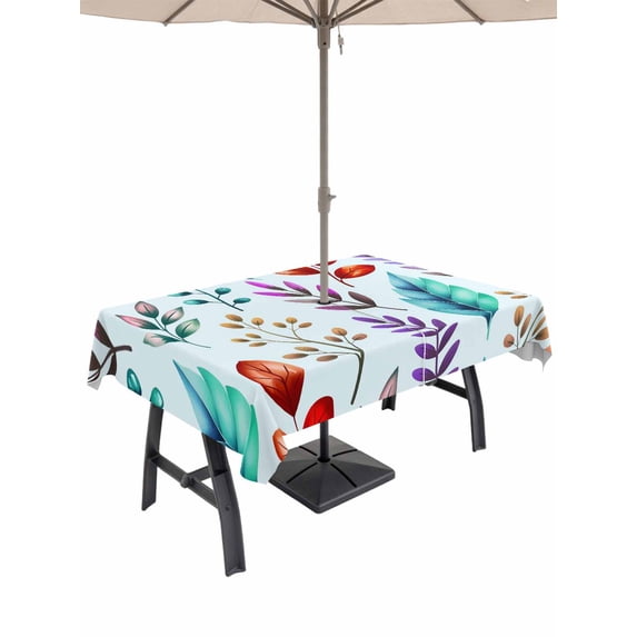 Spring Leaves Outdoor Tablecloth - 60x120 Inch Rectangle Dining Table Cover, Watercolor Leaf Botanical Nature Light Blue Waterproof Outdoor Table Cloth with Umbrella Hole & Zipper for Picnic/Patio