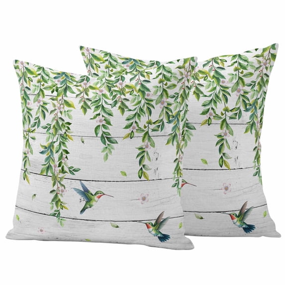 Spring Leaves Pillow Covers 2 Pack Watercolor Falling Green Leaf Floral Plant Birds Wood Grain Pillowcase Waterproof Outdoor Throw Pillow Cover for Patio Garden Square Cushion 18”x18”