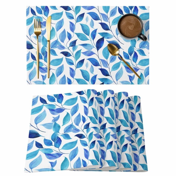 Spring Leaves Placemats Set of 12 Blue Plants Country Botanical Leaf Place Mats Indoor Wipeable Table Mats Washable Cloth Dining Table Placemats for Kitchen Holiday Party Home Decor 13x19 Inch
