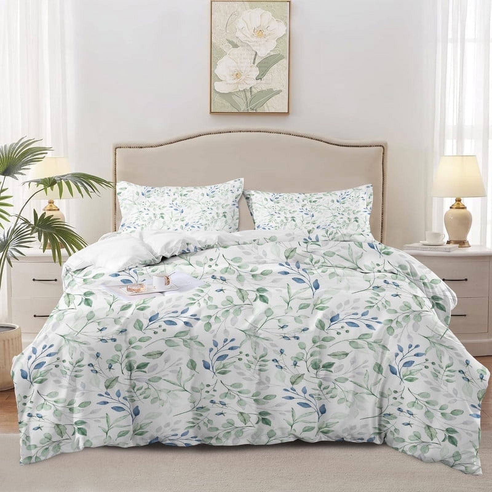 spring-leaves-queen-duvet-covers-sets-green-watercolor-leaf-farmhouse