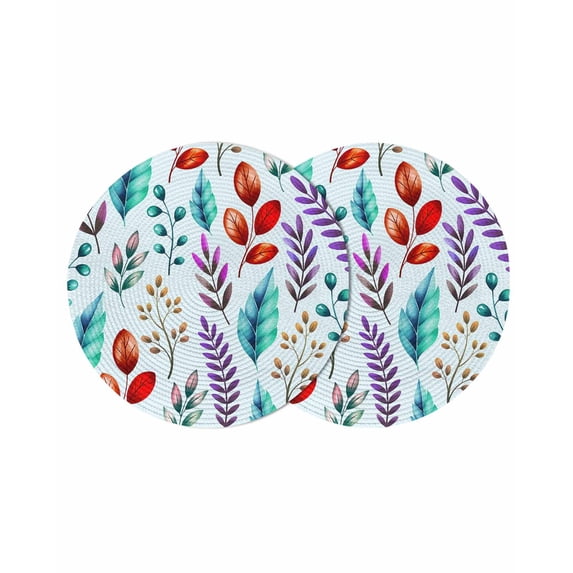 Spring Leaves Round 13 Inch Placemats Set of 2, Watercolor Leaf Botanical Nature Light Blue HeatResistant Non Slip Place Mats for Dining Table, Wipeable Braided Kitchen Table Mats for Housewarming