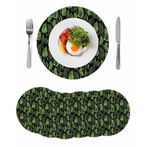 Spring Leaves Round 13 Inch Placemats Set of 6, Pastoral Garden Botanical Black HeatResistant Non Slip Place Mats for Dining Table, Wipeable Braided Kitchen Table Mats for Housewarming