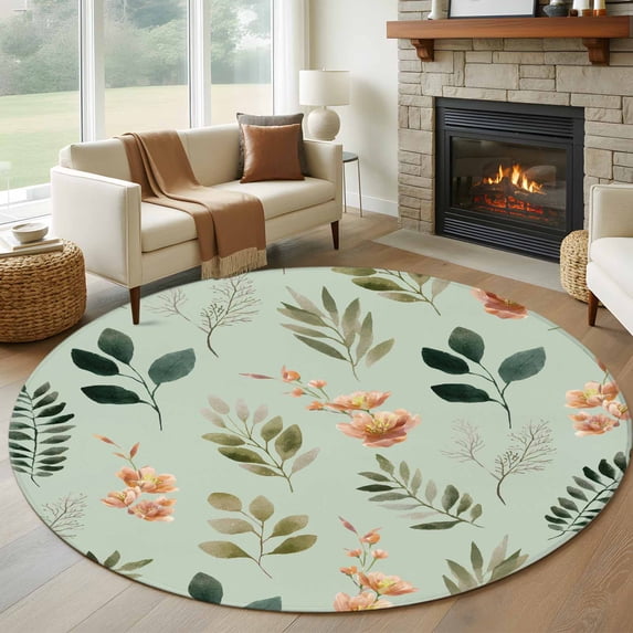 Spring Leaves Round Area Rug 6Ft Washable Circle Rugs for Bathroom Office, Pink Flowers Pastoral Botanical Green Non-Slip Carpet Floor Mats Indoor Outdoor Carpet Runner Aesthetic Home Decor