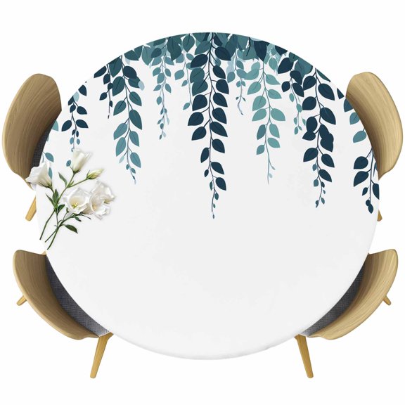 Spring Leaves Round Tablecloth 36-44 Inch Round Fitted Table Cloth with Elastic Edge, Modern Simple Nature Botanical Leaves Waterproof Table Cover Protector for Outdoor Picnic Party Dining