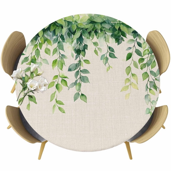 Spring Leaves Round Tablecloth 36-44 Inch Round Fitted Table Cloth with Elastic Edge, Retro Pastoral Green Botanical Leaf Vines Waterproof Table Cover Protector for Outdoor Picnic Party Dining