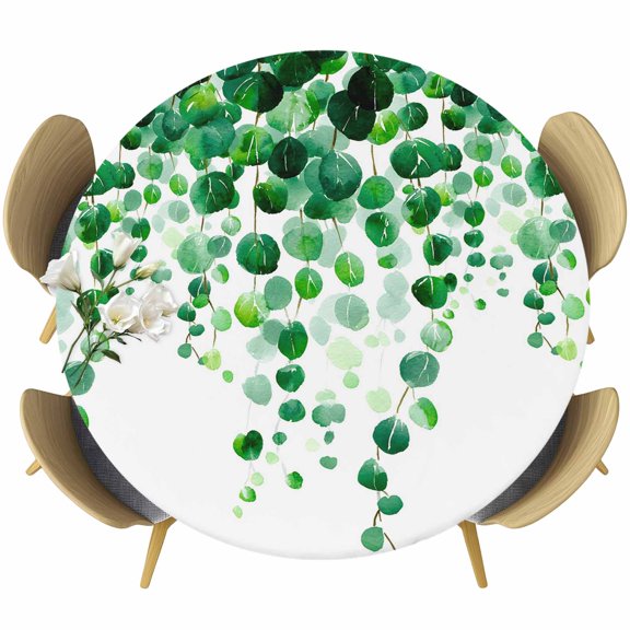 Spring Leaves Round Tablecloth 45-54 Inch Round Fitted Table Cloth with Elastic Edge, Green Pastoral Botanical Gradient Leaf Waterproof Table Cover Protector for Outdoor Picnic Party Dining