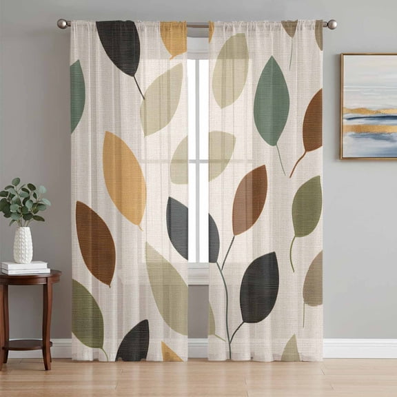 Spring Leaves Sheer Curtains 96 Inch Length 2 Panels Set, Colorful Plant Pastoral Abstract Botanicals Voile Window Treatment Semi Sheer Long Curtains Drapes for Bedroom/Living Room/Kitchen 52"x96"x2