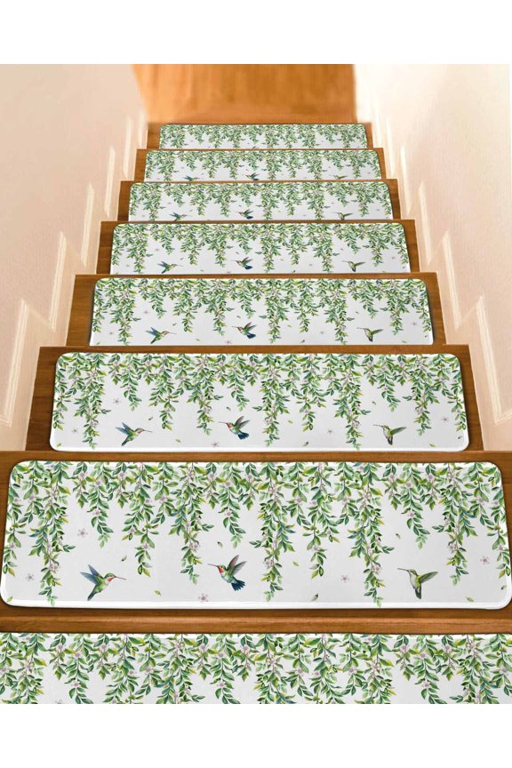 Spring Leaves Stair Treads Watercolor Falling Green Leaf Floral Plant Flying Birds Indoor Non Slip Peel and Stick Stair Treads for Wooden Steps 10 PCS, Soft Adhesive Staircase Mats Runner Rugs 8"x30"