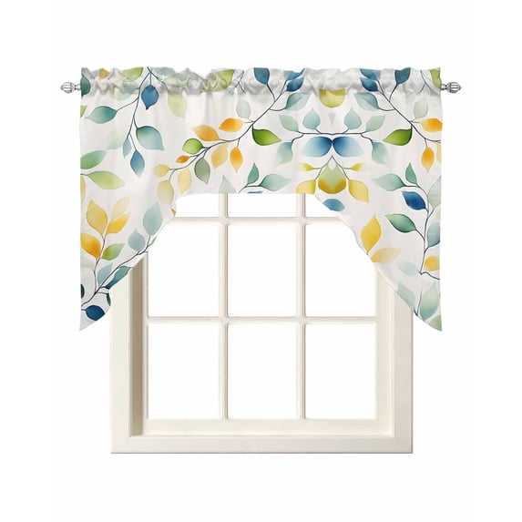 Spring Leaves Swag Valances for Windows, Small Curtains Drapes, Colorful Botanical Eucalyptus Vines Plants Kitchen Window Curtains Over Sink Window Treatment Valance for Bedroom/Bathroom 56"x36"