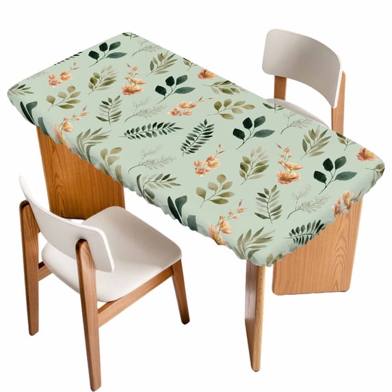 Spring Leaves Table Cloths for 4 Foot Rectangle Tables, Pink Flowers Pastoral Botanical Green Patio Waterproof Elastic Fitted Tablecloths, Washable Rectangular Table Cover for Camping