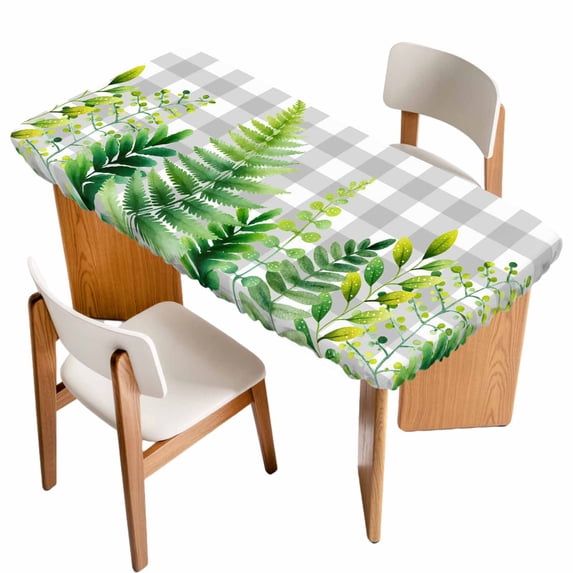 Spring Leaves Table Cloths for 6 Foot Rectangle Tables, Pastoral Garden Botanical Gray Plaid Patio Waterproof Elastic Fitted Tablecloths, Washable Rectangular Table Cover for Camping