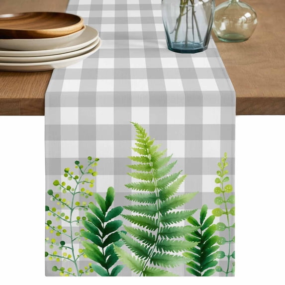 Spring Leaves Table Runner 36 Inches, Pastoral Garden Botanical Gray Plaid Bed Runner Dresser Scarves Tabletop for Indoor Outdoor Parties/Ceremony/Banquet, 13"x 36"