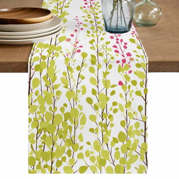 Spring Leaves Table Runner, Green Pink Pastoral Botanical Branches Washable Cotton Linen Table Runners 36 Inches Long, Dresser Scarf Runner for Nightstand/End Tables/Round Tables 13''x36''