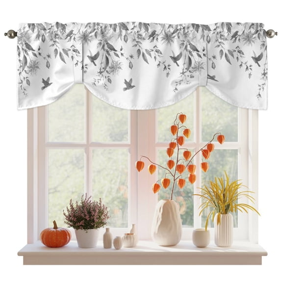 Spring Leaves Tie Up Valance Curtains for Windows, Kitchen Curtains Window Treatments, Grey Botanical Leaf Vines Birds Branches Short Window Shades Valances for Bedroom Bathroom Cafe 54"x18"