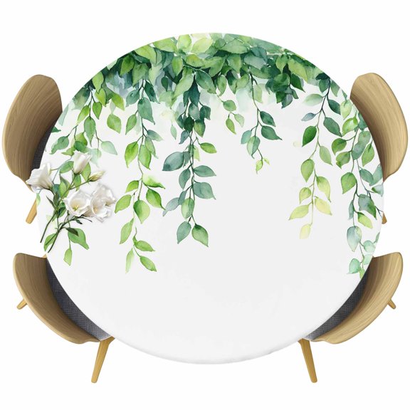 Spring Leaves Vines Round Tablecloth 36-44 Inch Round Fitted Table Cloth with Elastic Edge, Pastoral Green Botanical Leaf Waterproof Table Cover Protector for Outdoor Picnic Party Dining
