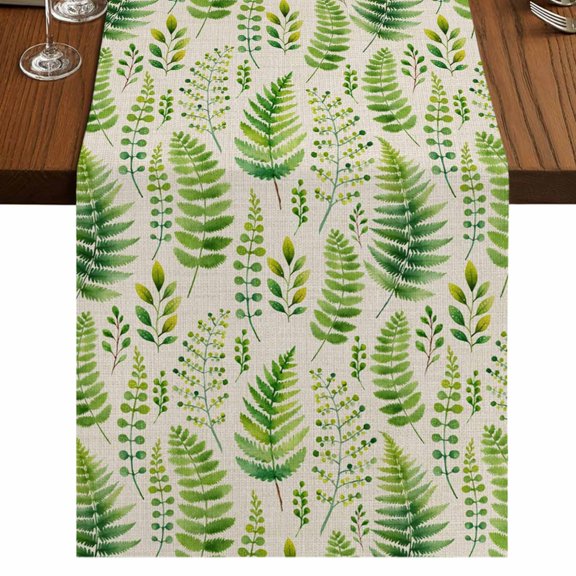 Spring Leavse Burlap Cotton Table Runner 13x90 Inches Long, Pastoral Garden Botanical Rustic Burlap Farmhouse Table Runners, Outdoor Dining Tablecloths Decor for Baby Shower/Party/Wedding
