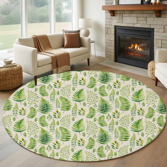 Spring Leavse Round Area Rug 6Ft Washable Circle Rugs for Bathroom Office, Pastoral Garden Botanical Rustic Burlap Non-Slip Carpet Floor Mats Indoor Outdoor Carpet Runner Aesthetic Home Decor