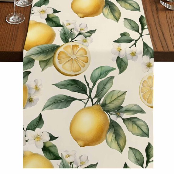 Spring Lemon 120 Inch Table Runner, Summer Flower Leaf Branch Nature Fruit Farmhouse Dresser Scarf Cotton & Linen Tablerunner for Dining/Kitchen Island/Holiday Party Décor 13" x 120"