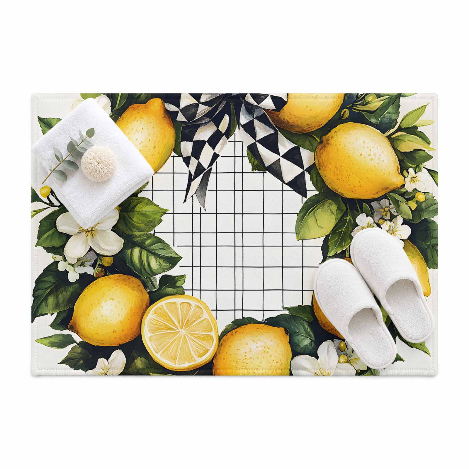 Spring Lemon Garland Area Rug 2'x3', Watercolor Flowers Bow Mat Non ...