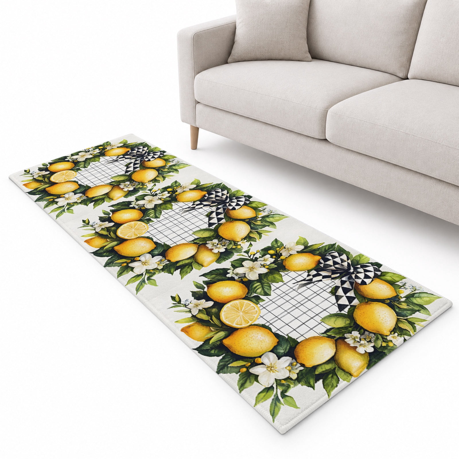 Spring Lemon Garland Runner Rug 2.6'x8', Watercolor Flowers Bow Soft ...