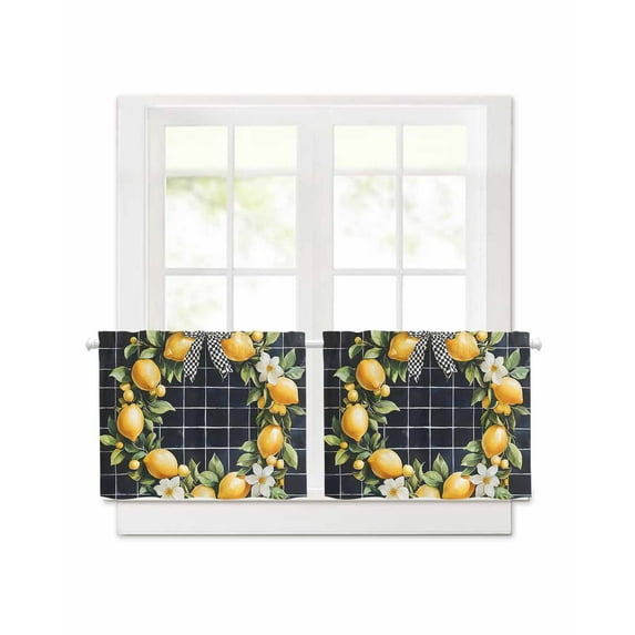 Spring Lemon Garland Short Blackout Curtains 24 Inch Long Watercolor Flowers Bow Black Plaid Rod Pocket Kitchen Curtains, 2 Panels Thermal Insulated Room Darkening Drapes for Bedroom, 42"W x 24"L