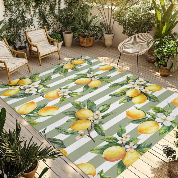 Spring Lemon Outdoor Rug 5x7 Ft - Reversible Patio Rug Outdoor Camping Rugs, Botanical Plants Sage Green Stripes Washable Indoor Outdoor Area Rugs, Non-Slip Outdoor Carpet Runner for Deck/Porch