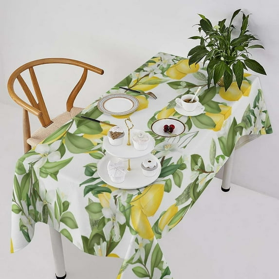 Spring Lemon Tablecloth, Watercolor Flowers Blooming Lemon Tree Branches Leaves Summer Farm Print Table Cover for Spring Picnic Holiday Weeding Birthday Party 60x84in