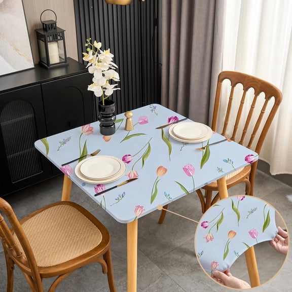 Spring Light Blue Floral Small Square Tablecloth 34x34 Inch Fitted Outdoor Table Cloth with Elastic Stretchy Washable Fabric Card Table Cover Wrinkle Free Non Slip Elegant Tulip