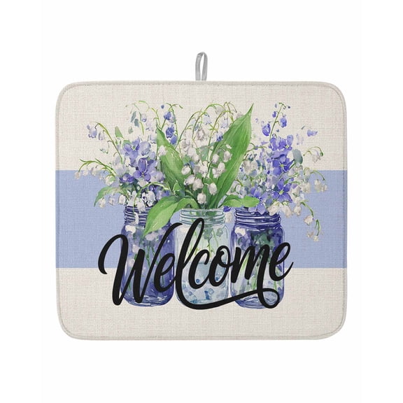 Spring Lilac Watercolor Flower Dish Drying Mats for Kitchen Counter,Absorbent Microfiber Dish Drainer Rack Mat Lavender Floral on Burlap Drying Pad for Sinks,Utensils,Countertops,16x18in