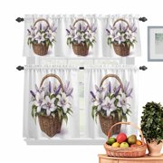 Spring Lily Kitchen Curtains Valances 3 Piece Set, Watercolor Retro White Purple Flower Green Leaf Plant Rod Pocket Tier Curtain and Valance Drapes for Small Window 24 Inch Length for Bedroom Cafe
