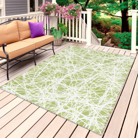 Spring Lime Green Cobweb Outdoor Rug for Patio/Deck/Porch, Non-Slip Large Area Rug 6 x 9 Ft, Abstract Minimalist Lines Indoor Outdoor Rugs Washable Area Rugs, Reversible Camping Rug Carpet Runner