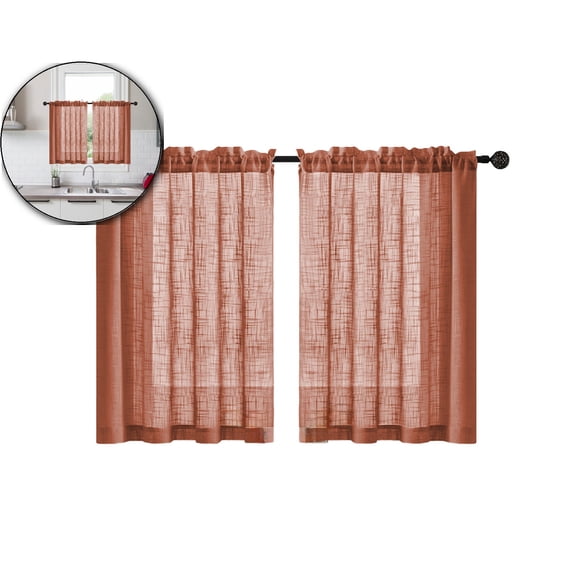 Spring Linen Textured Kitchen Window Curtains over Sink 25×30 Inch Length Semi Sheer Farmhouse Small Curtains for Cafe Bathroom Basement, Short Rod Pocket Tier Curtains 2 Panels