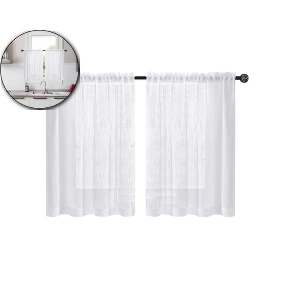 Spring Linen Textured Kitchen Window Curtains over Sink 25×30 Inch Length Semi Sheer Farmhouse Small Curtains for Cafe Bathroom Basement, Short Rod Pocket Tier Curtains 2 Panels