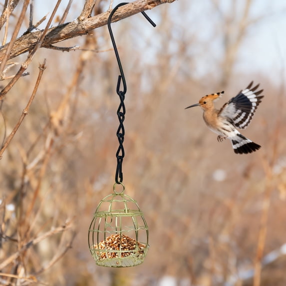 Spherical Wire Cage Bird Feeder, Hanging Metal Mesh Seed Holder for Backyard, Black/Gold Small Outdoor Feeder