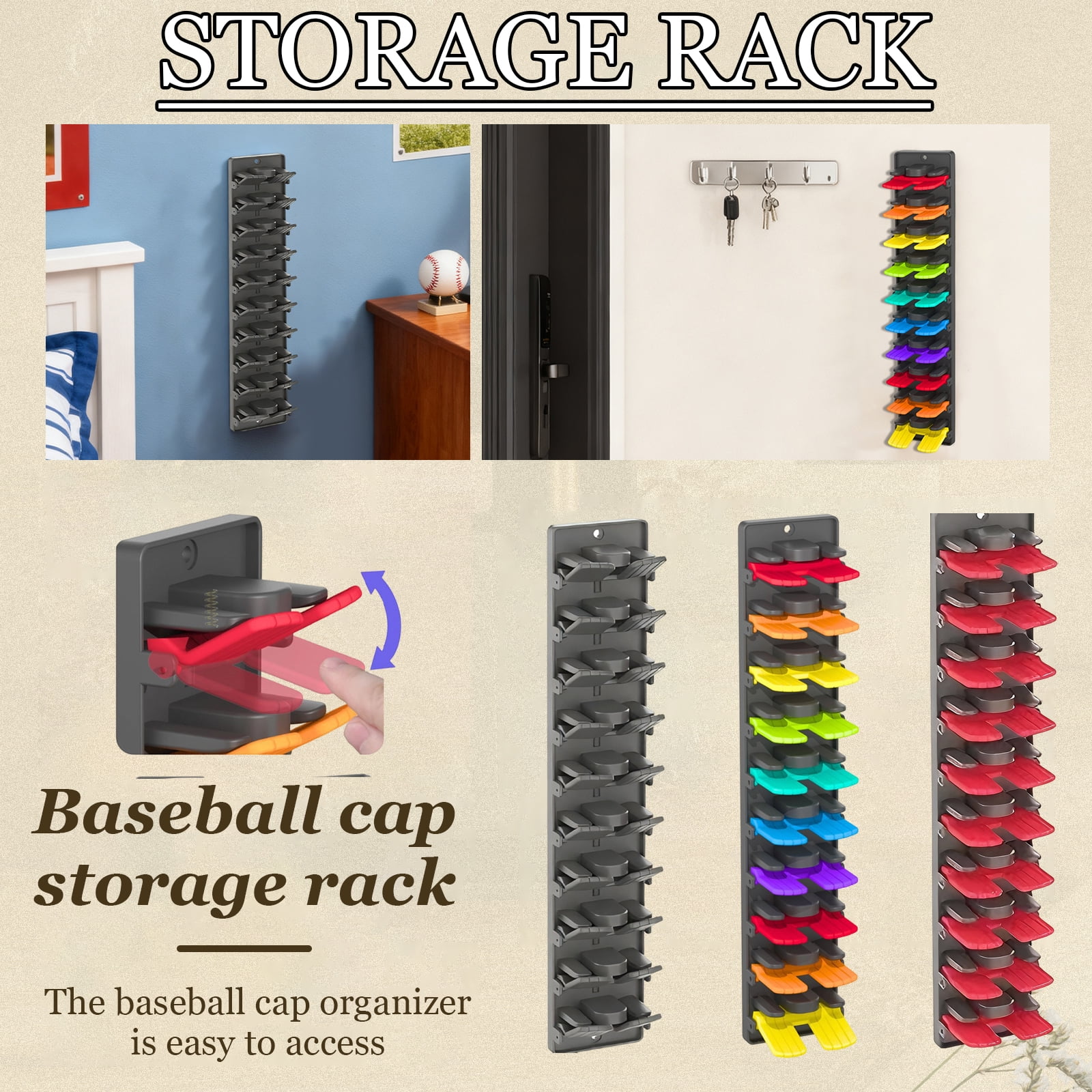 Spring-Loaded Hat Organizer for Baseball Caps - Wall-Mounted Closet Hat ...