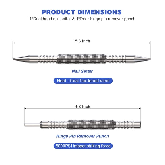 Spring Loaded Nail Set and Hinge Pin Punch Tool 1/16 3/32 1/8 Inch 2-Piece Set