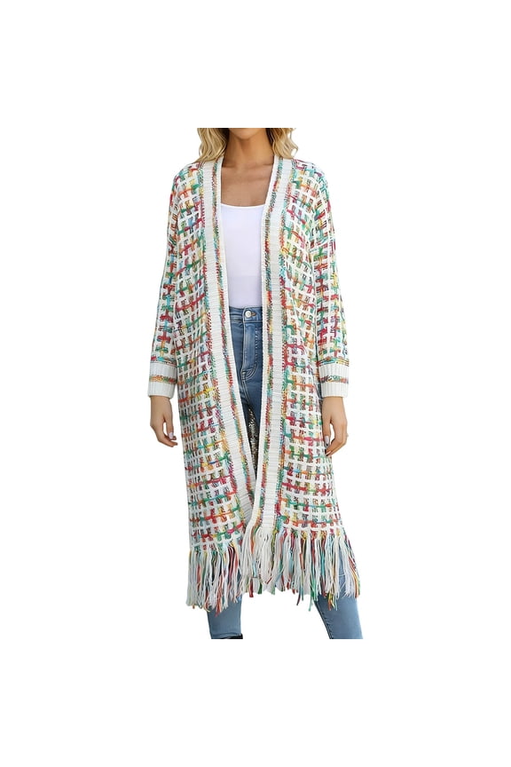 Spring Long Fringe Cardigan Sweater Coat for Women Oversized Open Front Knit Outerwear Long Sleeve V Neck Color Block Green XXL