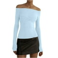 thumbnail image 1 of Spring Long Sleeve Off Shoulder Tops for Women Slim Fit Tunic Shirts Stretchy Pullover Tshirt Solid Trendy Y2k Going Out Tops Sky Blue,M, 1 of 6