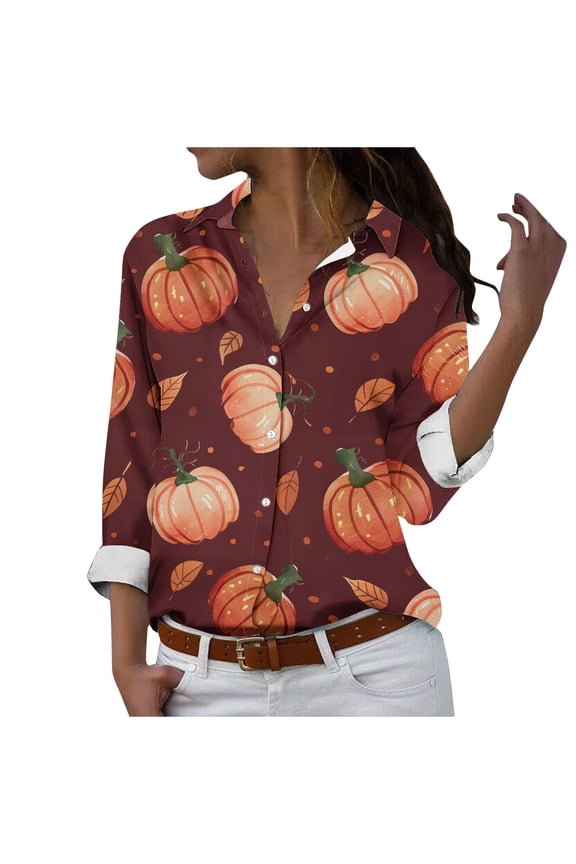 Spring Looks Good!DianGeFu Womens Long Sleeve Shirts Plus Size Lapel,Women's Halloween Long Sleeved Regular Casual Orange Series Printed Lapel Button Up Shirt,Wine,XL