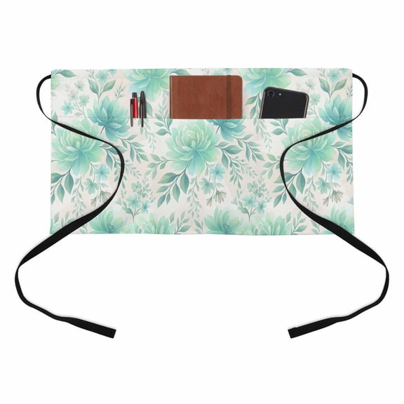 Spring Lush Peonies Kitchen Restaurant Half Waist Apron, Rustic Floral Green Flower Blooms Leaves Botanical Server Short Apron with 3 Pockets Waterproof Oil Waist Aprons for Women Waitress Waiter