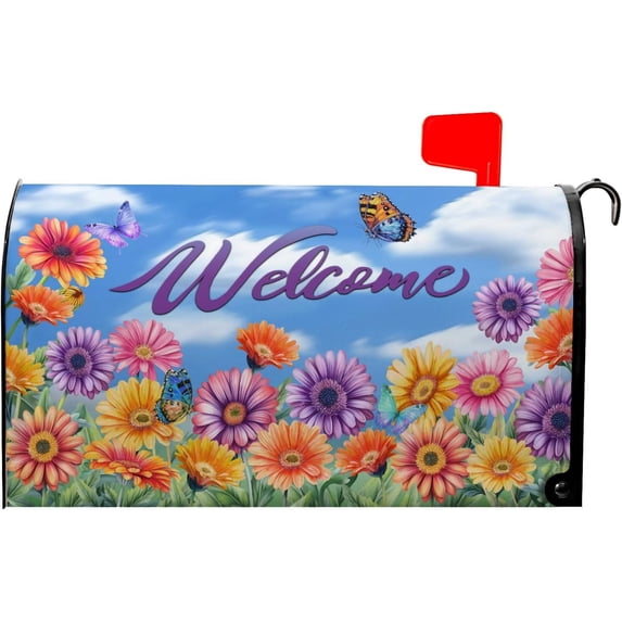 Spring Magnetic Mailbox Cover Daisy Mailbox Covers Welcome Mailbox Wraps Magnetic Standard Size 21x18 Inch Yellow Flowers Mailbox Decorations for Home Farmhouse Garden Floral Butterfly