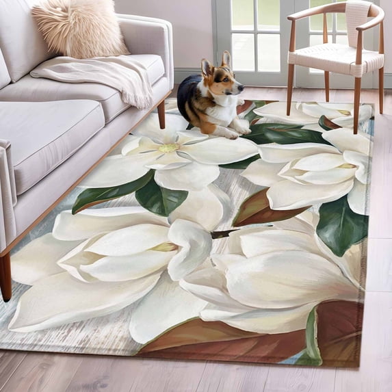 Spring Magnolia Blossom Area Rugs 3'x5', Small Throw Rugs for Living Room Bedroom, White Flowers Leaves Plants Country Indoor Outdoor Rug Non-Slip Low Pile Carpet Runner Reversible Floor Mats
