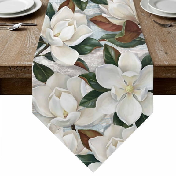 Spring Magnolia Blossom Table Runner Linen Burlap Table Runner 72 Inches Long White Flowers Leaves Plants Country Dresser Scarves for Kitchen Island Coffee Dining Room Party Holiday Decor 18"x72"