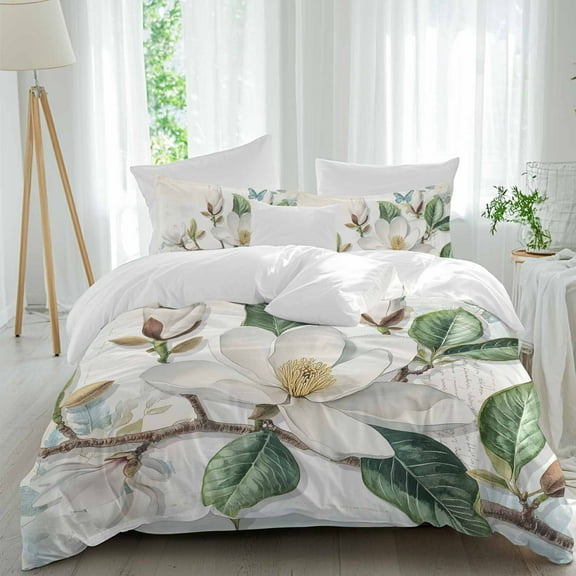 Spring Magnolia Duvet Cover Set Queen Size, Vintage White Floral 4 Piece Soft Microfiber Bedding Set with 1 Duvet Cover, 1 Flat Sheet, 2 Pillowcases