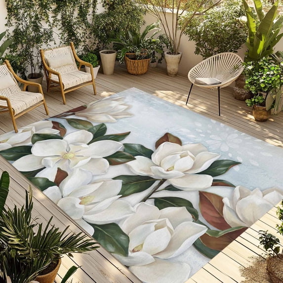 Spring Magnolia Flower Outdoor Rug for Patio/Deck/Porch, Non-Slip Large Area Rug 6 x 9 Ft, White Floral Botanical Light Blue Indoor Outdoor Rugs Washable Area Rugs, Camping Rug Carpet Runner