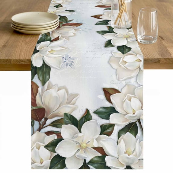 Spring Magnolia Flower Table Runner - 90 Inch Long White Floral Botanical Light Blue Cotton and Linen Blended Dress Scarves Farmhouse Table Runner for Kitchen Dining, Coffee Table, 13" x 90"