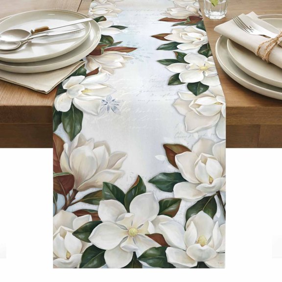 Spring Magnolia Flower Table Runner White Floral Botanical Light Blue Tablerunners 13 x 36 Inch, Table Decorations Tabletop Scarf for Summer Gathering Holiday Farmhouse Kitchen Dining Decor