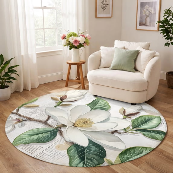 Create Leaf Spring Spring Magnolia Round Area Rug Living Room 6ft, Vintage White Floral ...