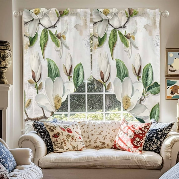 Spring Magnolia Swag Curtain Valance for Windows, Vintage White Floral Window Treatments Short Swag Topper for Kitchen Windows Bathroom Bedroom, 36"x45"